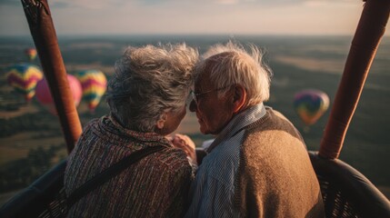 Elderly couple embracing during sunrise in a hot air balloon