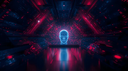 Futuristic digital head, glowing with vibrant blue light, represents artificial intelligence within dark cybernetic space. This abstract technology concept features geometric patterns
