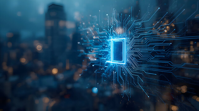 Gleaming blue technology illuminates urban night with digital data network. Artificial intelligence powers smart city, symbolizing futuristic connection and seamless global communication