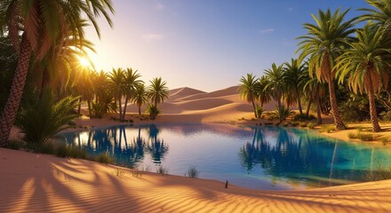 Obraz premium Serene Oasis: Palm Trees & Sunset Desert Lagoon