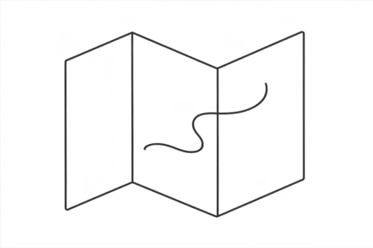 Folded paper map with route isolated on transparent backdrop, wayfinding