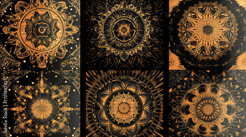 Poster intricate circular mandala designs in black and gold tones creating an elegant and artistic pattern