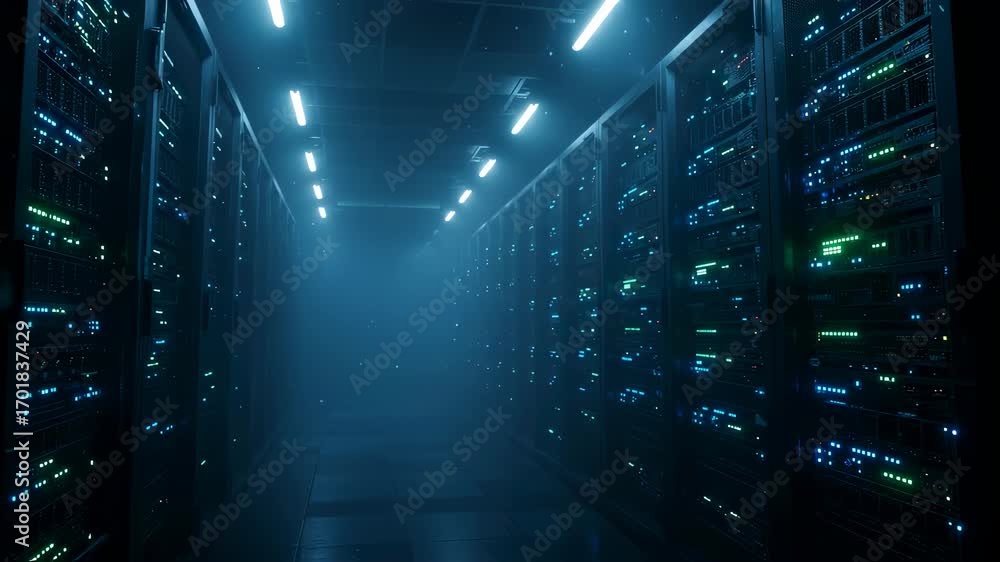 Poster dark data server room with rows of racks glowing with neon lights for cloud computing and ai technol