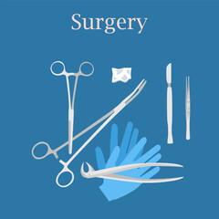 various surgical instruments as well as a swab and gloves on a blue background