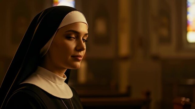 A woman nun in black habit and white coif looking over shoulder in a church with candles and stained glass window, religion footage - Powered by Adobe