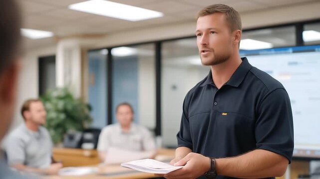 A beginner receives safety training in a range classroom with slides projected safety manuals open ear protection displayed and a range officer explaining rules captured in a