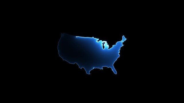 Blue glowing outline map of the United States of America on a black background geography