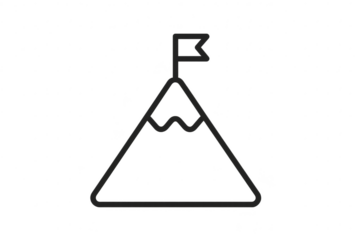 Minimalistic mountain icon with flag, isolated on transparent backdrop, vector