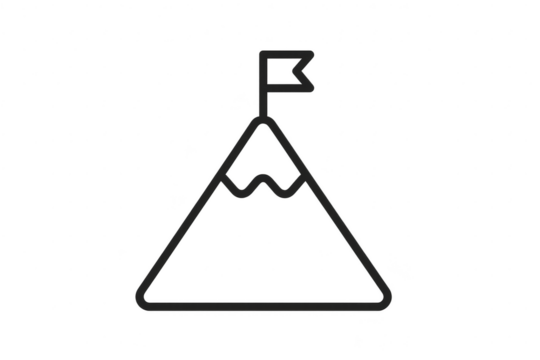 Minimalistic mountain icon with flag, isolated on transparent backdrop, vector