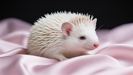 White hedgehog with closed eyes and pink nose resting on soft lavender silk with gentle folds, against dark gray gradient background, realistic fur texture and soft lighting