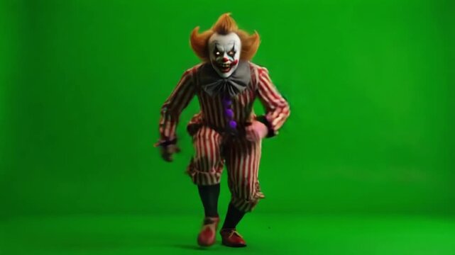 Scary clown with glowing eyes in striped suit dancing on a green screen background in a studio halloween clown green screen video