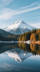 Realistic snow-capped mountain with orange-tinted coniferous forest reflected in calm green lake under soft pastel pink sky