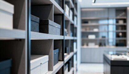 Organized Shelves with Storage Boxes in Modern Interior Design for Home Organization and Decoration
