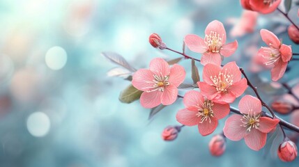 Springtime Scene with Pink Flowers on a Blurred Light Blue Background, Fresh and Serene Design.