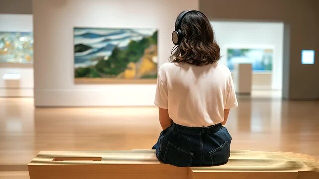 A visitor listens to an audio guide in a contemporary art gallery with headphones on abstract paintings glowing a bench nearby and soft lights casting shadows shown in a conte