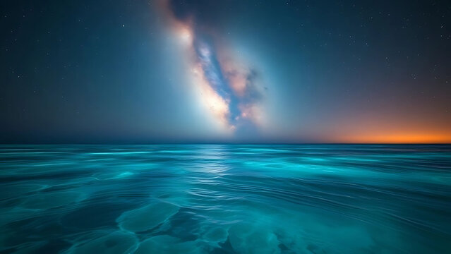 A dramatic summer landscape with lightning striking the stormy sea under dark clouds on the horizon