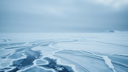 Snow and ice cover the vast winter landscape, with frozen water and a cold blue sky stretching to the horizon