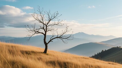 Single leafless tree on golden grassy hill with bright blue sky, scattered clouds, and hazy mountains in realistic landscape