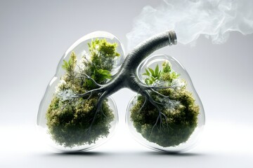 Green Lungs Concept, Human Lung Shaped with Forest Trees and Smoke