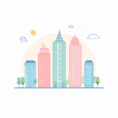 Fototapeta premium Pastel Cityscape with Stylized Buildings and Trees