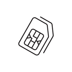 Minimalist line art icon of a mobile phone SIM card, a microchip for cellular network connectivity and telecommunication, isolated on a white background