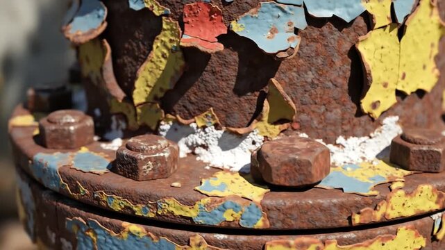 Close up corroded flange with peeling blue and yellow paint and rusted bolts.