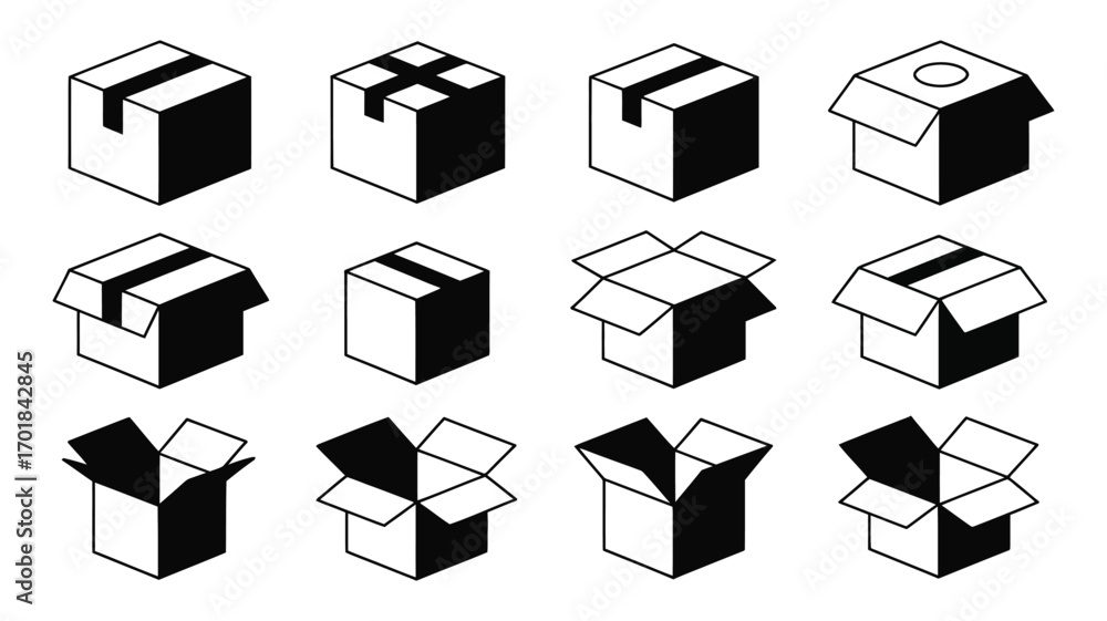 Poster vector art of set of twelve vector icons of cardboard boxes in various shapes perfect for delivery, 