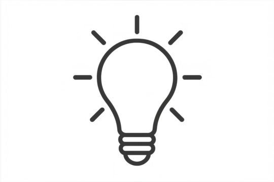 Minimalist light bulb icon with bright rays, isolated on a transparent background