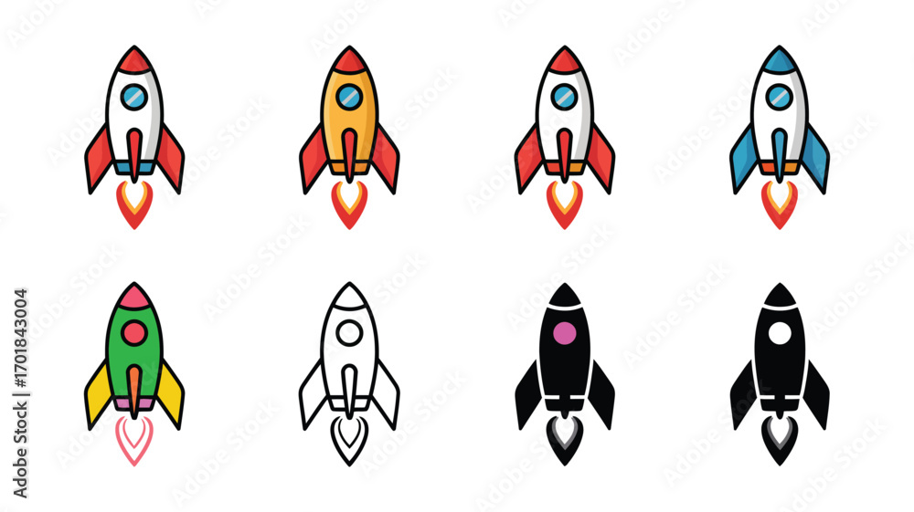 Poster vector art of collection of eight vector icons of rockets in various colors and styles perfect for s