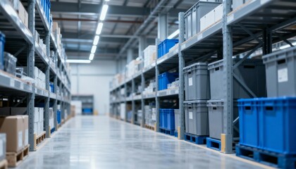 Naklejka premium Industrial Warehouse Interior with Rows of Shelves and Storage Containers, Representing Logistics and Distribution