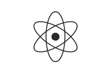 Dark gray atom symbol isolated on transparent background, representing science.