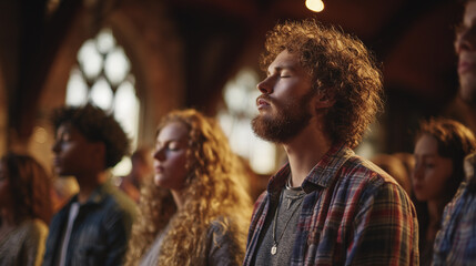Young people praying in church together