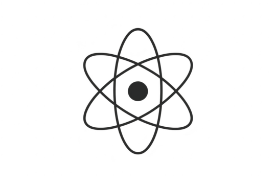 Dark gray atom symbol isolated on transparent background, representing science.
