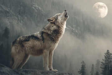 Howling wolf under full moon in forest