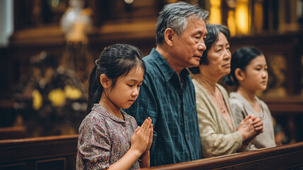 Asian family praying together in church
