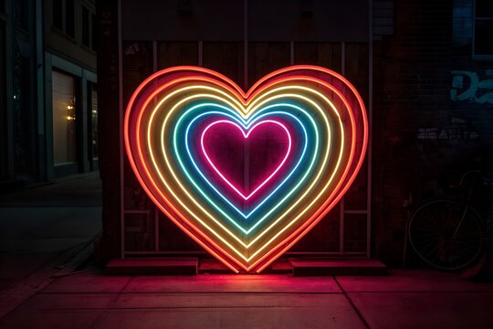 Retro Neon Heart Sign on Dark Street Wall at Night
