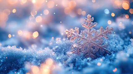 Snowflakes on Snow - Christmas and Winter Background with Abstract Light Effects