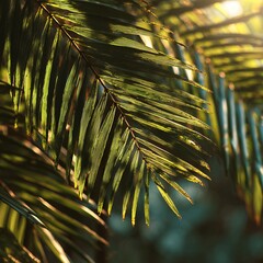 Tropical Palm Fronds with Golden Sunlight and Shadows