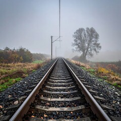 Fototapeta premium Foggy countryside railroad tracks extend into the hazy distance, showcasing a tranquil and serene autumnal landscape.
