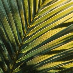 Vibrant green palm leaf close-up, illuminated by golden sunlight, showcasing natural textures and tropical beauty.
