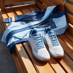 Stylish blue and white athletic sneakers and matching jacket on a wooden bench, perfect for fitness, sport, and an active outdoor lifestyle.
