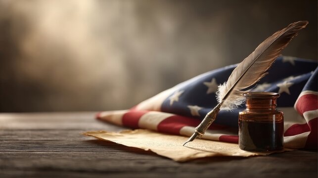 American Heritage: Feather Quill and Inkwell on Aged Parchment Beside United States Flag Representing History