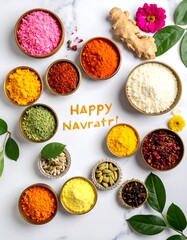 Colorful spices in small bowls, arranged on a white marble surface, with the words "Happy Navratri" in the center