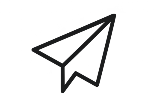 Sleek black outline paper airplane icon, isolated on transparent background.