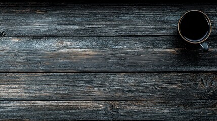 A solitary dark mug rests upon a textured, weathered wooden surface, evoking a sense of quiet contemplation and rustic simplicity, captured in a moody, high-contrast style.