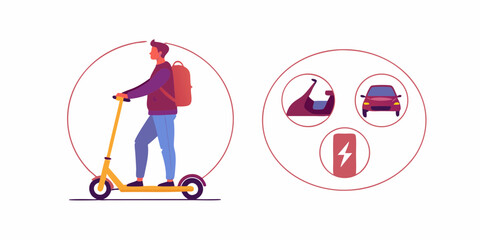 Man riding an electric scooter with icons of electric vehicles and a battery symbol representing sustainable transportation options