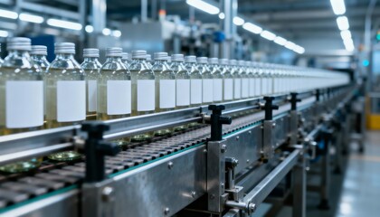 Fototapeta premium Bottling Production Line: Liquid Product Filling and Packaging in a Modern Manufacturing Plant