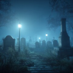 Mysterious Foggy Graveyard at Night with Lanterns
