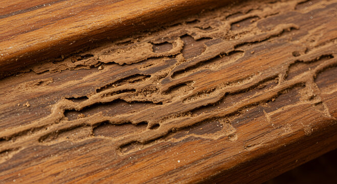 Close-up view of termite damage on a wooden plank, showing intricate tunnels and decay.