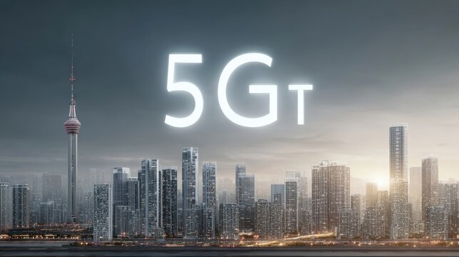 Cityscape with 5G Technology Illustration: A Modern Telecommunications and Connectivity Concept for Urban Development